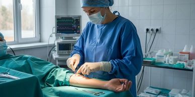 A surgeon performs an arm surgery in a sterile operating room.