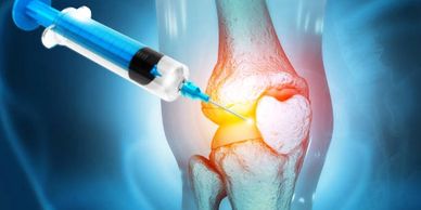 Injection being administered into a knee joint for pain relief or treatment.