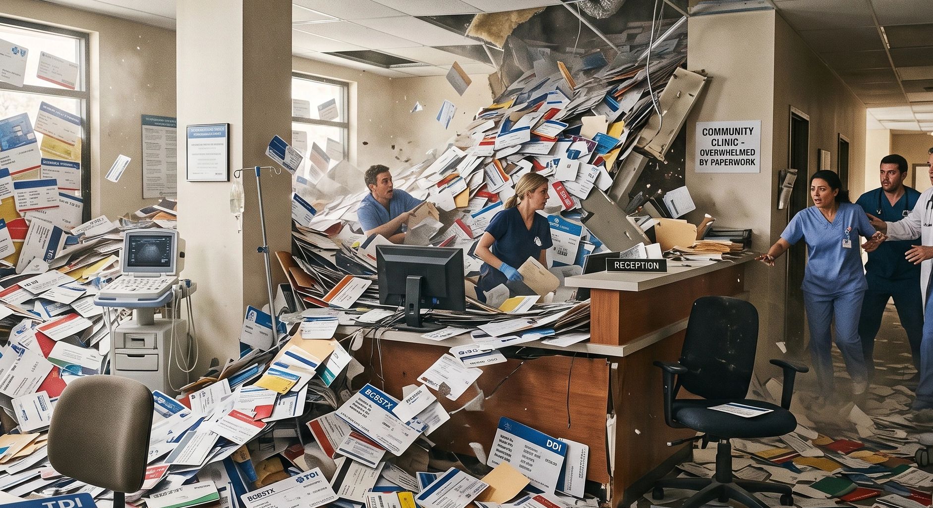 Clinic overwhelmed by massive paperwork flood.