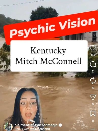 Woman predicting flood in Kentucky with caption about Mitch McConnell.