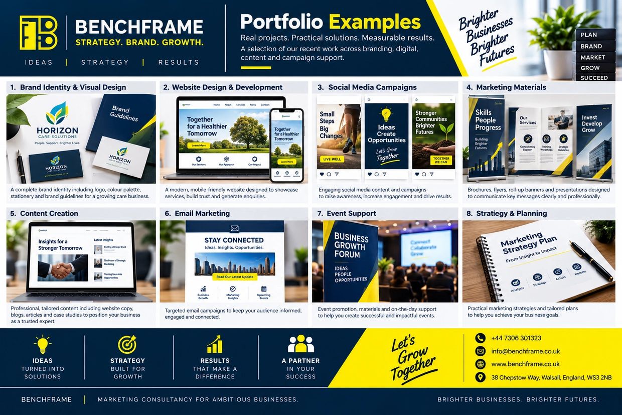 Benchframe portfolio showcasing branding, digital, and marketing services.