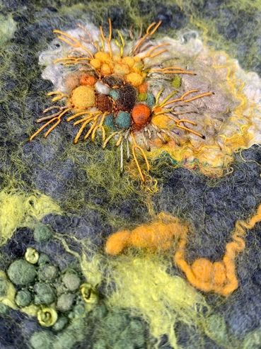 Lynn Comley wet felted lichen inspired artwork with embroidery