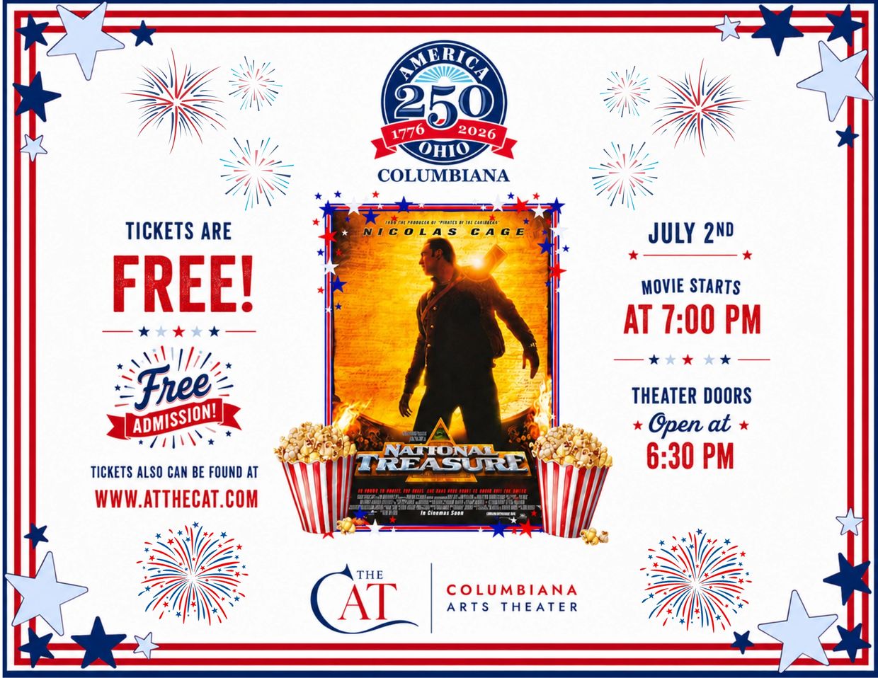 Free movie night featuring "National Treasure" at Columbiana's CAT on July 2nd.