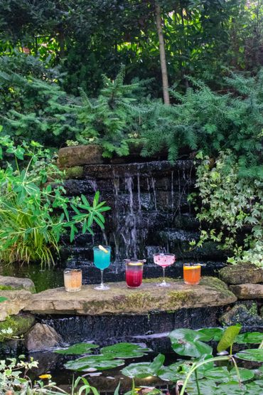 Colorful cocktails displayed on a stone ledge by a serene waterfall and lush greenery.
