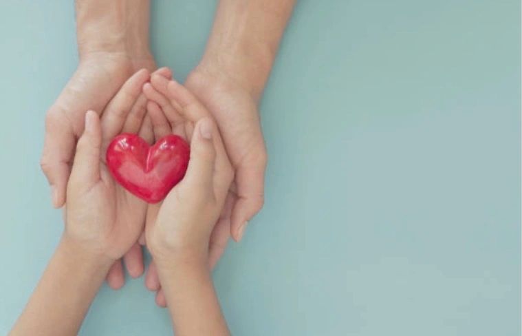 Child's hands holding a red heart, supported by adult hands.