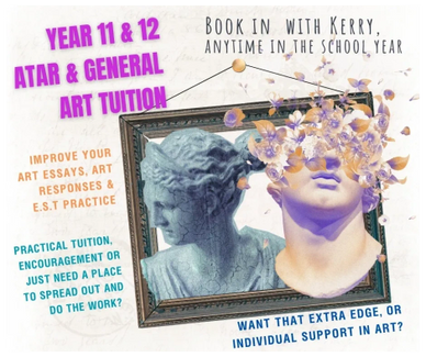 Art tuition advertisement featuring classical busts and floral designs.