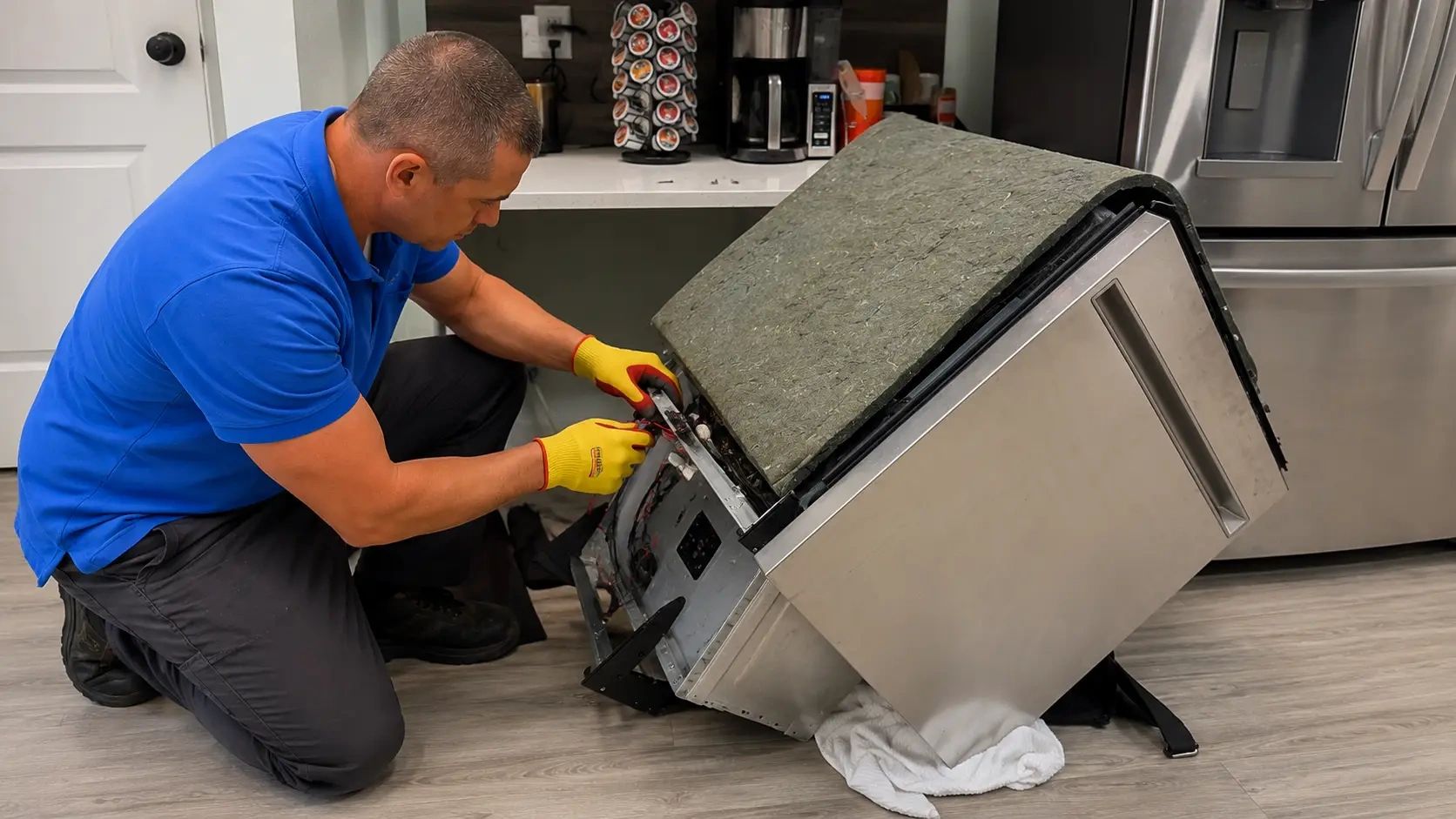 Professional technician repairing a dishwasher in a kitchen in Austin, TX