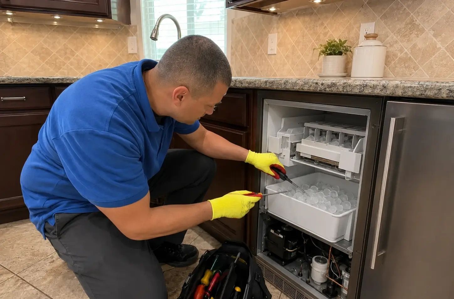 Ice maker repair technician servicing a standalone ice machine in Austin TX