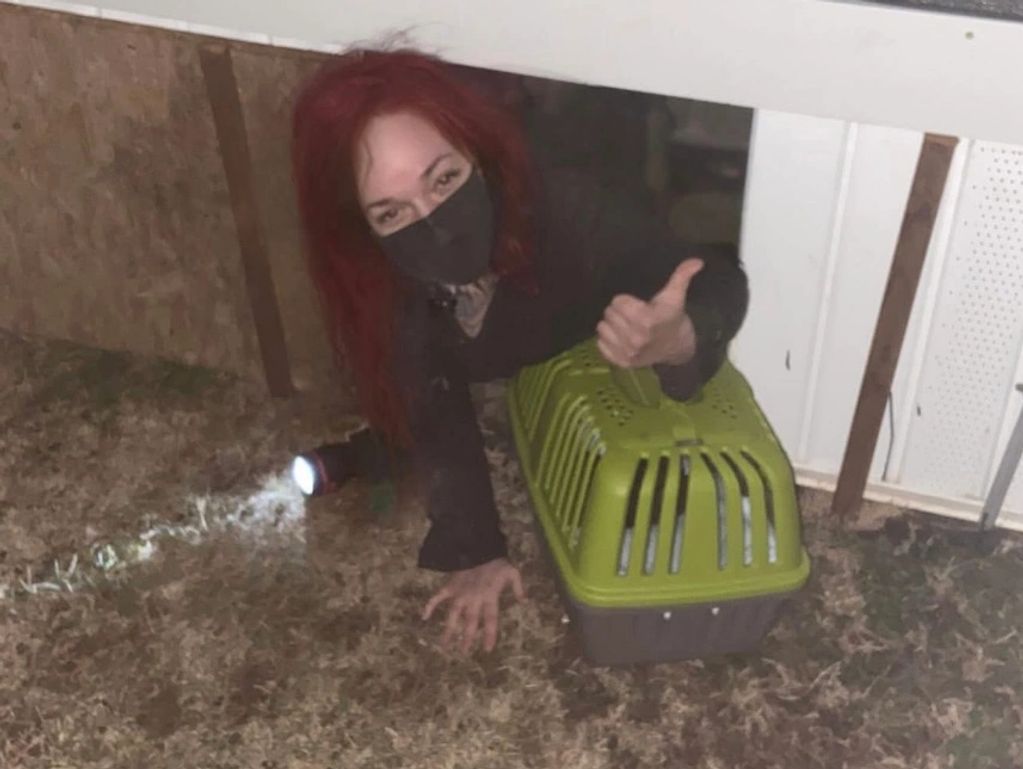 Person with red hair and mask gives thumbs up next to a green pet carrier at night.