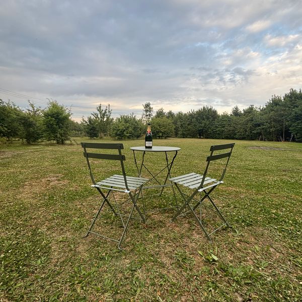 Two metal chairs and a small table with a bottle on a grassy field under a cloudy sky.