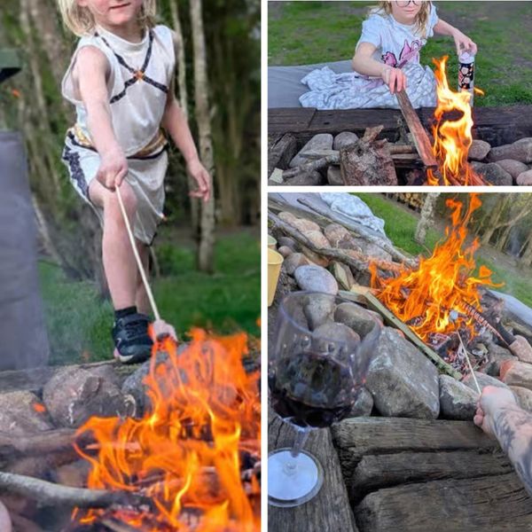 Family enjoying roasting marshmallows over an outdoor campfire.