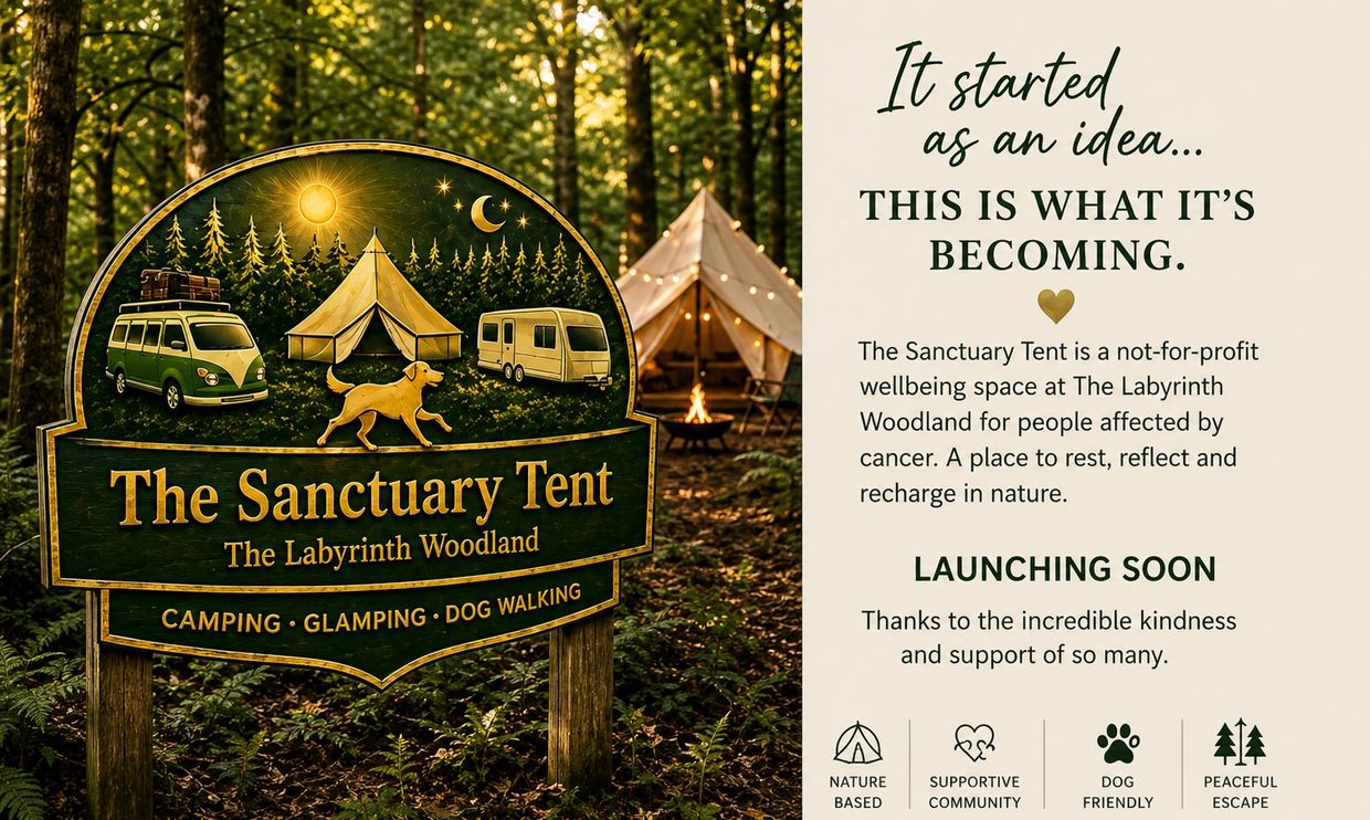 The Sanctuary Tent offers camping, glamping, and dog walking in a peaceful woodland environment.