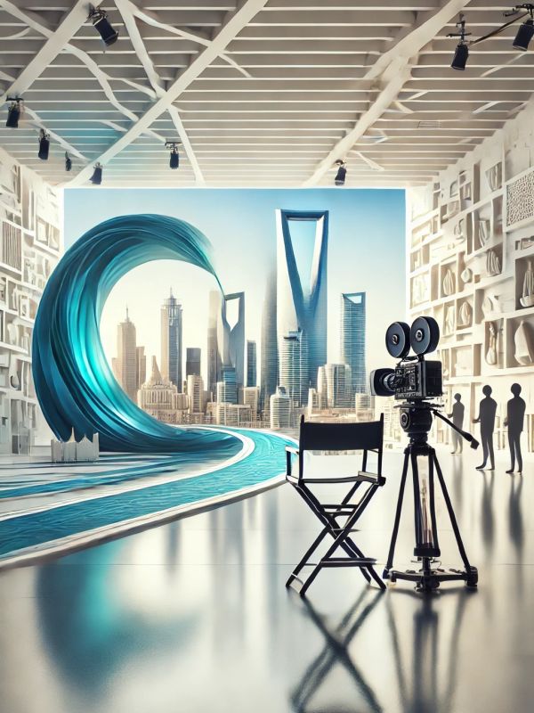 A film set with a giant wave and city backdrop.