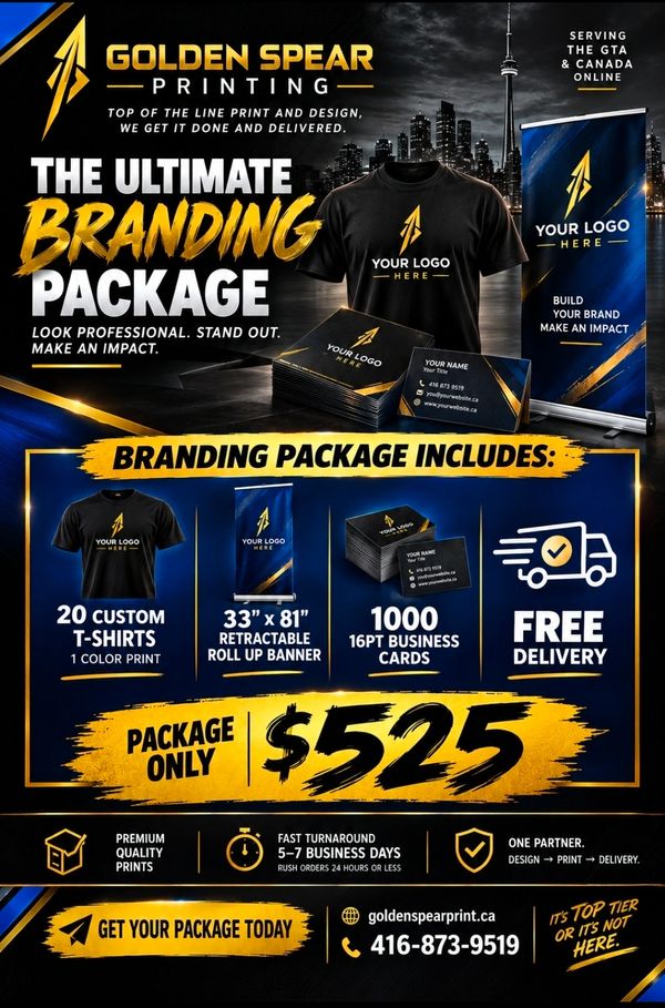 Ultimate Branding Package with custom apparel, banner, business cards, and free delivery