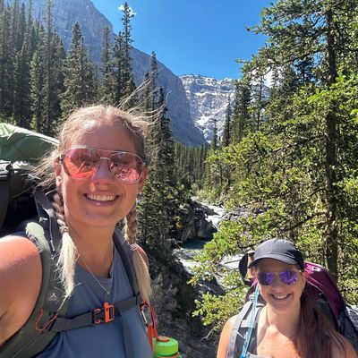 Two girls hiking Ribbon Falls