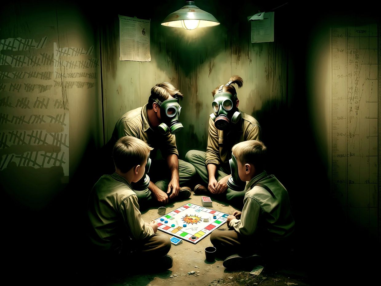 Nuclear Family during a fallout playing a boardgame in an underground bunker while wearing gas masks