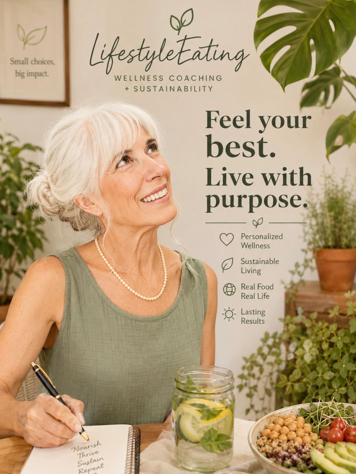 Smiling woman writing in a wellness journal surrounded by plants and healthy food.