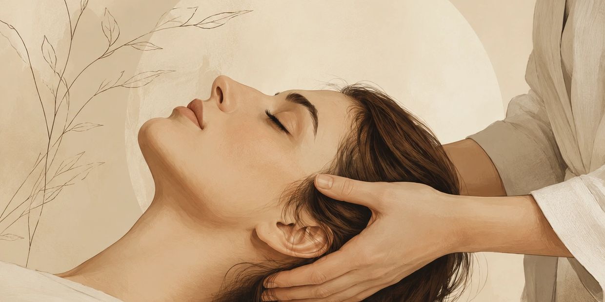 A person receiving a gentle head massage in a calming setting.