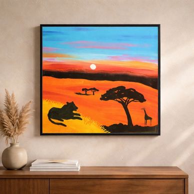 Vibrant African sunset painting with silhouettes of wildlife on a wall.