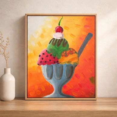 Colorful painting of an ice cream sundae with three scoops and a cherry on top.