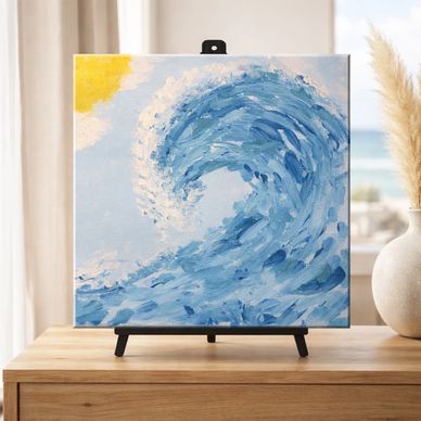 A painting of a large blue ocean wave with a bright yellow sun.