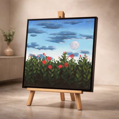 Painting of red flowers and greenery under a cloudy sky with a full moon.