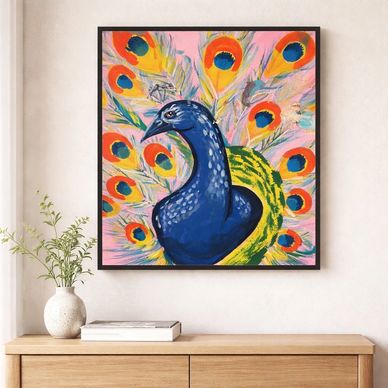 Vibrant peacock painting with colorful feathers in a modern room.