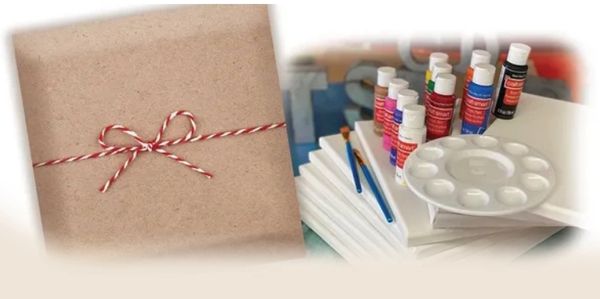 Art supplies and a wrapped gift box.