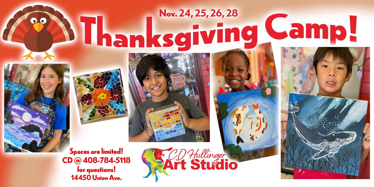 Thanksgiving Camp at CD Hullinger Art Studio with kids showing their art.