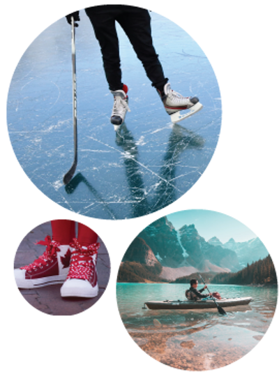 3 Canadian photos depicting ice hockey, a kayaker in the rockies, and sneakers with Canadian colours