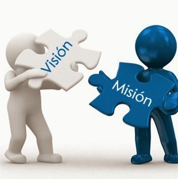 Two figures holding puzzle pieces labeled "Visión" and "Misión".