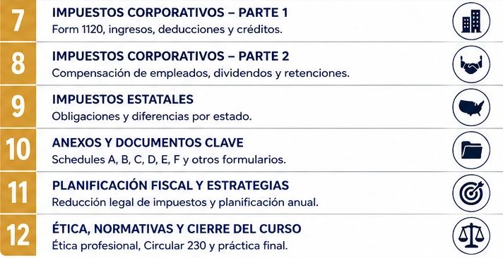 Lista de temas fiscales y corporativos numerados del 7 al 12.