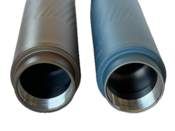 Two cylindrical metal tubes, one brown and one blue.