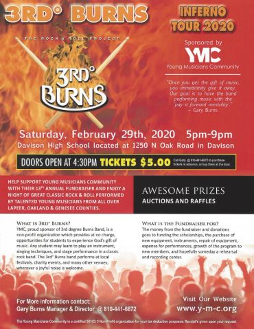 Flyer for 3rd° Burns Inferno Tour 2020 fundraiser event at Davison High School.