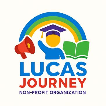 Logo of Lucas Journey non-profit with education and advocacy symbols.
