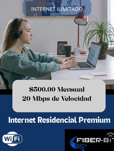 Woman using laptop at home promoting unlimited internet service.