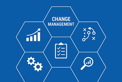 Change Management within a honeycomb matrix of icons. 