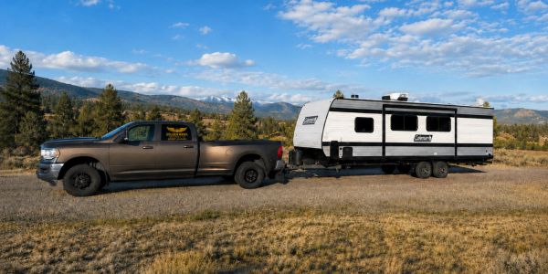 Pickup truck towing a Coleman travel trailer on a rural dirt road.