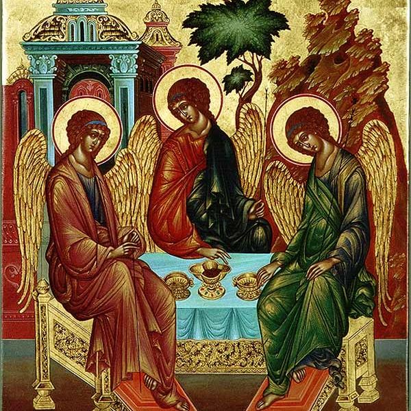 Religious icon of three angels sitting at a table.