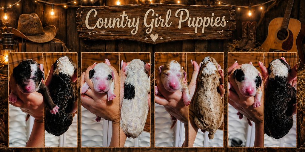 Newborn country girl puppies held gently with rustic background.