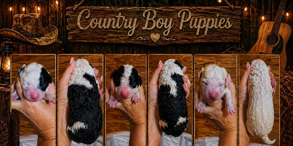Close-up of newborn Country Boy Puppies held in hands against rustic backdrop.