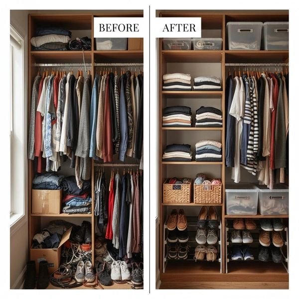 Before and after closet organization with neat folding, baskets, and shoe racks.