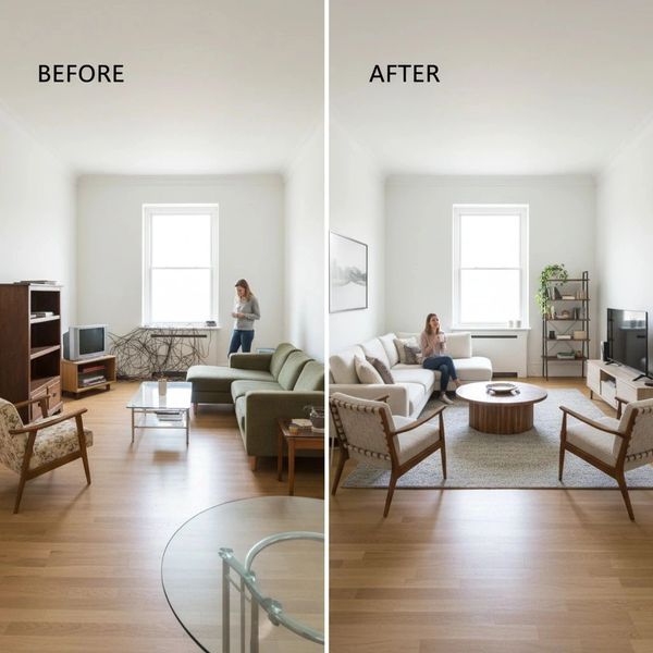 Living room transformation from outdated to modern and cozy.
