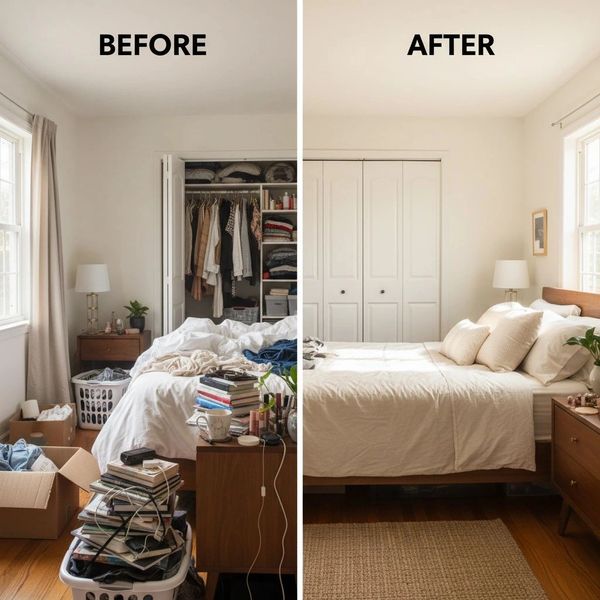 Bedroom before and after organizing, clutter cleared and tidy.