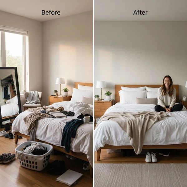 Before and after bedroom cleaning and organizing transformation.