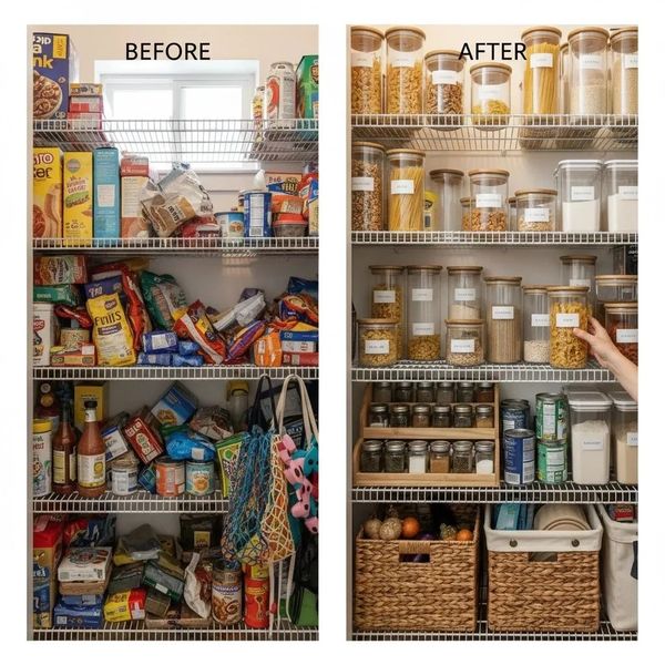 Pantry transformation from cluttered to neat with labeled containers and organized shelves.