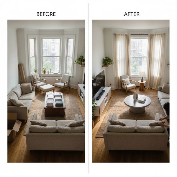 Living room makeover with new curtains and round coffee table.