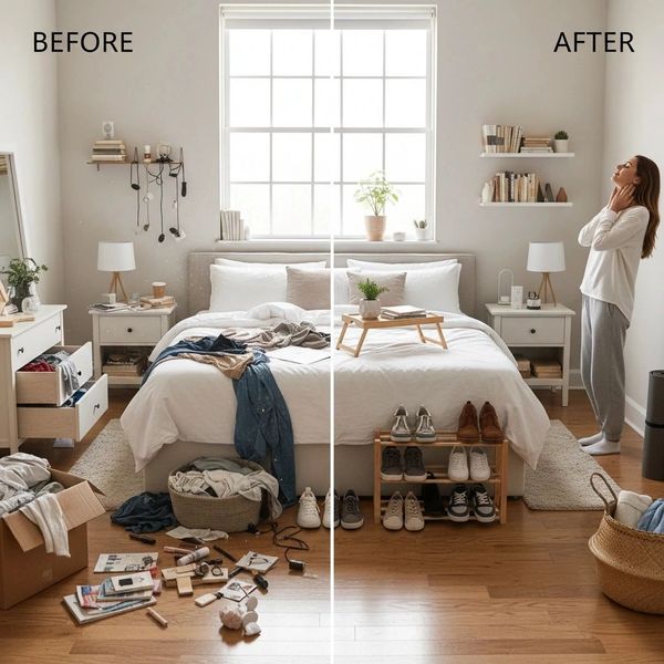 A bedroom transformed from messy to tidy and organized.