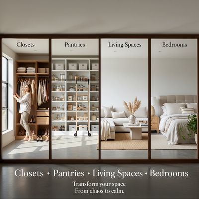 Organized home zones: closets, pantries, living spaces, and bedrooms.