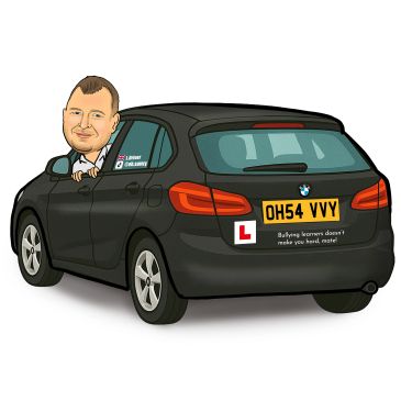 Car with a man's caricature driving, showing learner plates and anti-bullying message.